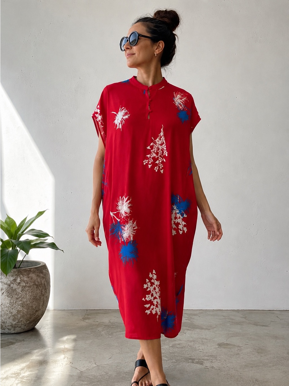 Ruti Oversized Cocoon Dress XS/S Red Abstract Print Minimalist Midi